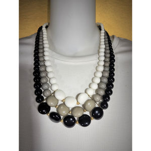 Three Strand Bead Necklace White Black Gray Gold Tone 18 inch Classic